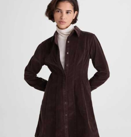 Seamed Button-Up Mini Dress in Corduroy