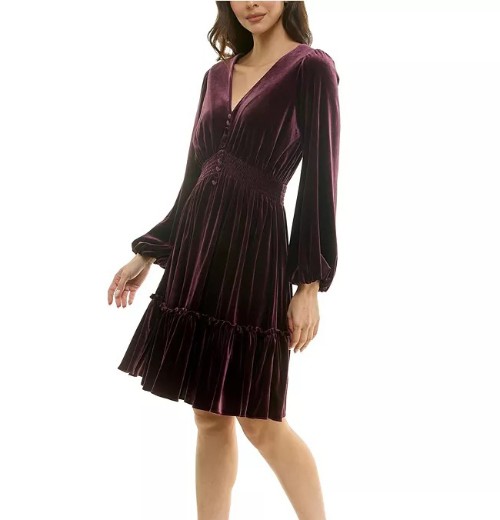 Women's V-Neck Smocked-Waist Long-Sleeve Velvet Dress
